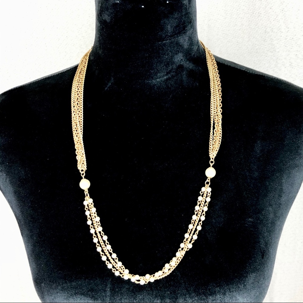 Vintage Gold Tone and Pearl Multi Strand Necklace - Picture 2 of 8